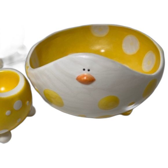 Ganz Set of 3 Baby Chick Egg Cup Holder/Bowl Yellow/White PolkaDots Ganz NEW - Picture 4 of 11